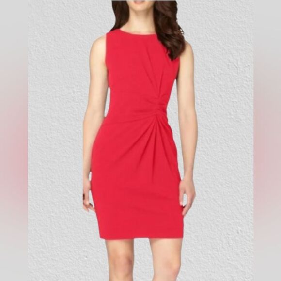 Saks Fifth Avenue red ruched zip up back sleeveless stretch midi dress, size 6 - Picture 1 of 8